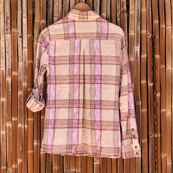 FREE PEOPLE Plaid Linen Blend Button Up Shirt with Pockets - Picture 2 of 11